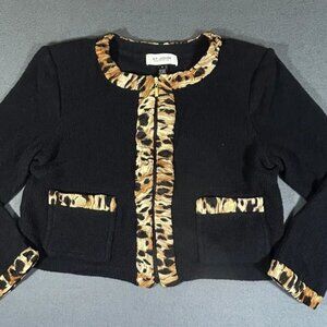 St. John Leopard Print Trim Women's Wool Blend Jacket Textured Knit Size 12